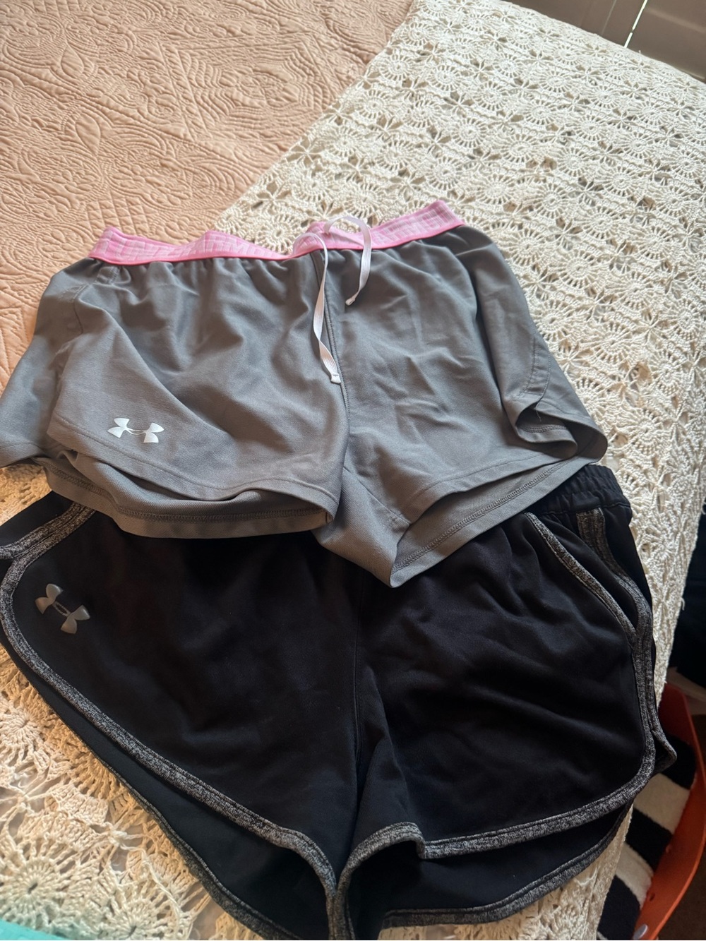Under Armour Gray Athletic Shorts with Pink Waistband and Black Inner Layer